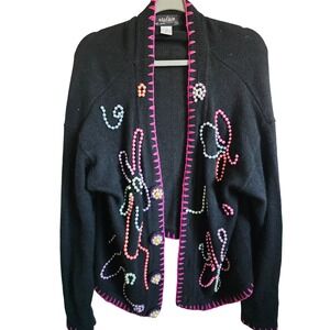 Malain Embellished Beaded Black Cardigan Sweater VTG Button Front XL Silk Blend